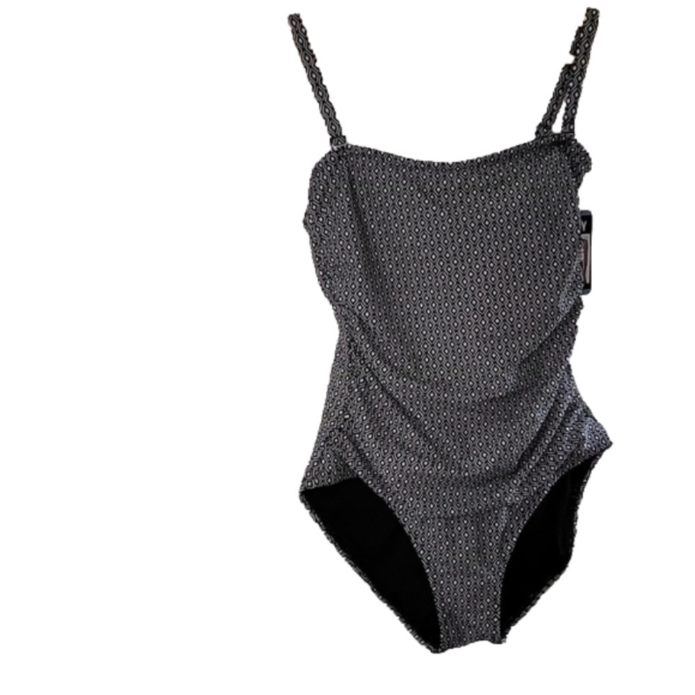 DKNY Swimsuit One Piece Black White Tummy Control Slimming Geometric Design Sz.L - Picture 2 of 16